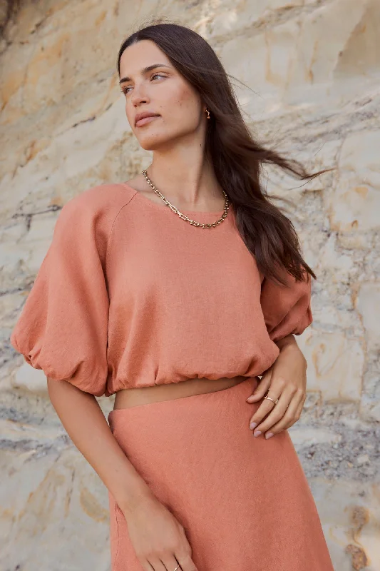 Lowest Price Matty Terracotta Linen Bubble Sleeve Top